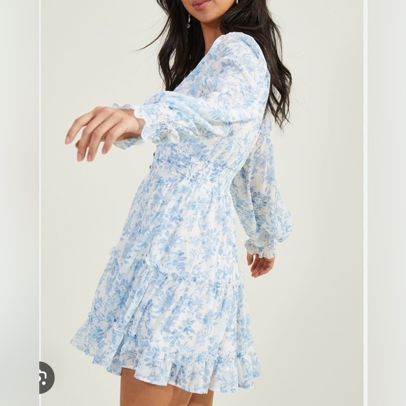 Altar’d State Blue Floral V-Neck Tiered Mini Dress - Picture 2 of 2